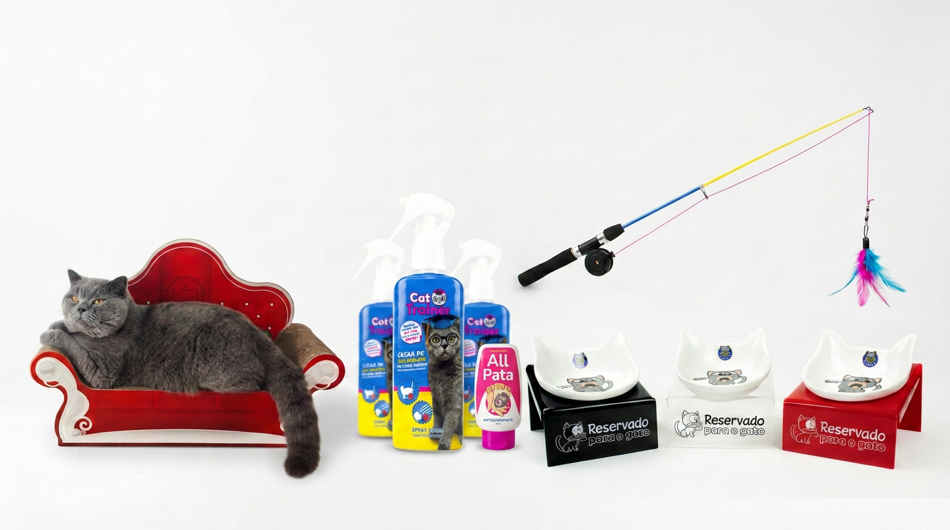 Linha completa de produtos CatMyPet: sofá arranhador, spray Cat Trainer, hidratante All Pata, vara Pesca Gatinho e comedouros Snack Cat